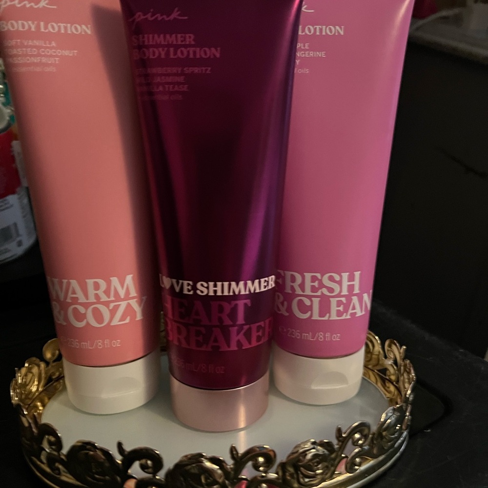 VS PINK Lotions Warm & Cozy, Heartbreaker shimmer, and Fresh & Clean